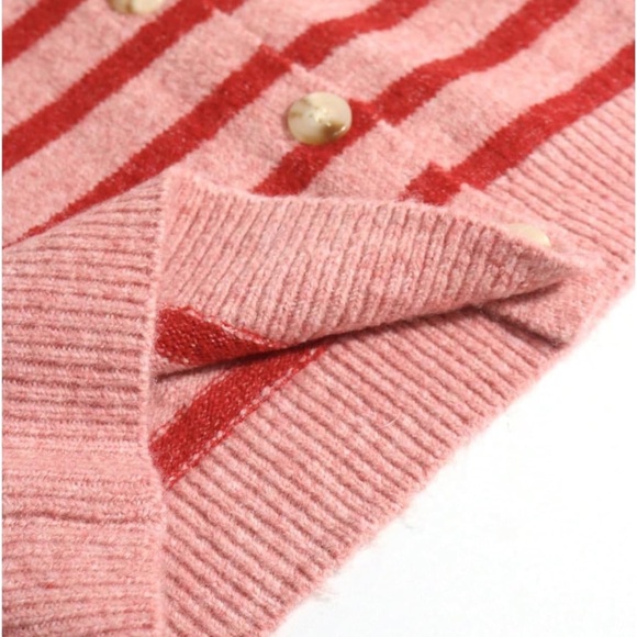 Cozy Striped Button-Up Sweater Cardigan in Pink & Red - Picture 3 of 7